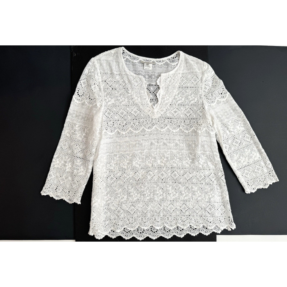 Gerard Darel White Lace Top IT 42 US Medium Cotton V-Neck Pullover Unlined India